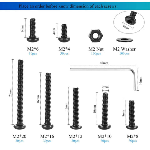 Sweet 410 Piece M2 Metric Machine Screw Kit With Black Button Head Allen Cap Bolts Nuts And Washers Made Tough Grade 10.9 Alloy Steel Includes Hex Key Perfect For Heavy Duty Repairs And Custom Builds With Top Notch Durability And Strength. M2 screw sizes and hex key chart