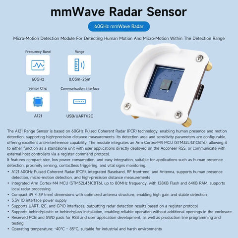 60GHz MmWave Radar Module For Micro Motion And Human Presence Detection, Pro Grade Pulsed Coherent Radar Tech, Ultra Precision Distance Measurements, Integrated Baseband And RF Front End, Antenna Included, Ideal Range Sensor Upgrade, 39x39mm