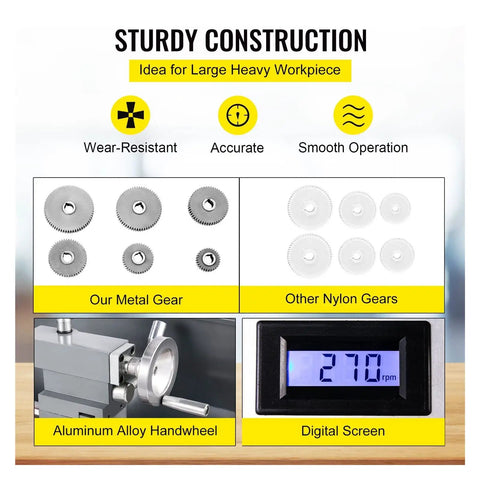 Compact 750W Mini Metal Lathe Machine With Infinitely Variable Speed Control And Bright LED Light showing metal gears and digital screen.