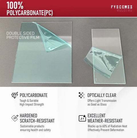 Clear Polycarbonate Welding Lens Replacement Set Inside And Outside Plates 231410 231411 20 Pack shown with protective film