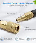 Hella Flexible Polyurethane Recoil Air Hose With Built In Bend Restrictor And Snappy Brass Quick Connect Couplers showing 1/4 inch industrial quick connect fittings.