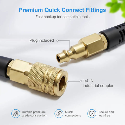 Hella Flexible Polyurethane Recoil Air Hose With Built In Bend Restrictor And Snappy Brass Quick Connect Couplers showing 1/4 inch industrial quick connect fittings.