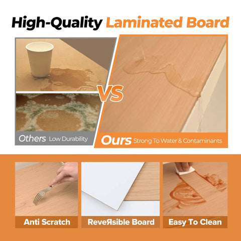 Image showing high-quality laminated board for water resistance, durability, anti-scratch, reversible use, and easy-to-clean surface.