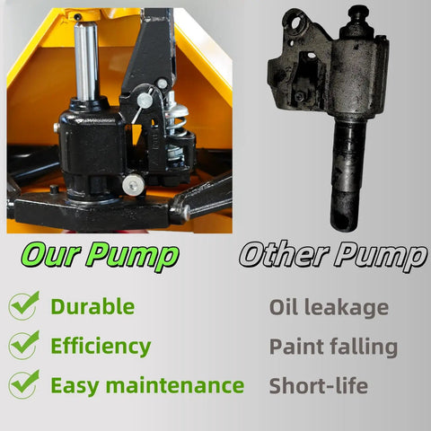Comparison of hydraulic pumps for manual pallet jacks, showcasing durability and efficiency of our pump vs. less reliable model