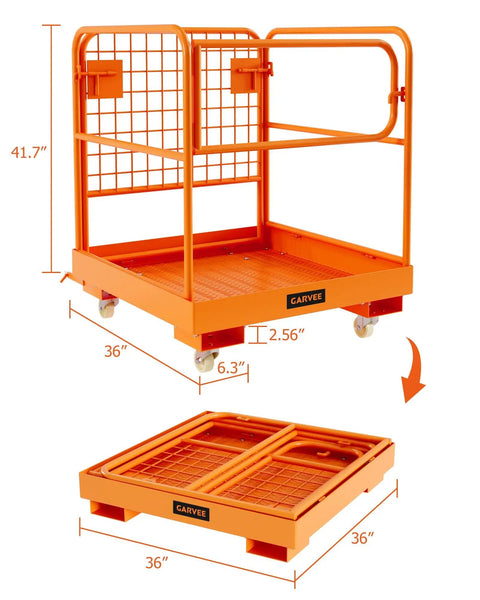 Heavy Duty Forklift Safety Cage Built Like Armor With Nonslip Mesh Deck Measures 36 by 36 Inches Holds Up To 1200 Lbs, shown upright and folded flat.