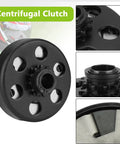 12 Tooth Centrifugal Clutch With Three Quarters Inch Bore For 2 To 6.5 HP Engines, close-up view and side detail of clutch for go karts