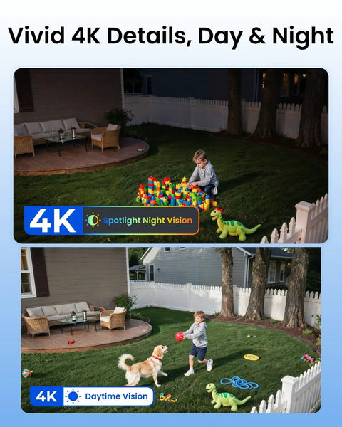 4K Solar Wireless Outdoor Security Camera With 360 Degree Pan Tilt 8MP Color Night Vision 2.4GHz And 5GHz WiFi 6 No Monthly Fee Home Hub Compatible Auto Tracking Wide Coverage Includes 3W Solar Panel showing night and day vision