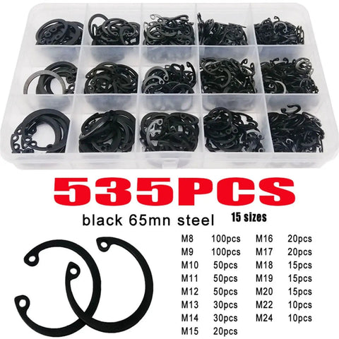 535 Piece C Clip Snap Ring Kit M8 To M24 Internal External Retaining Rings In Carbon Steel Washer Set in box with sizes
