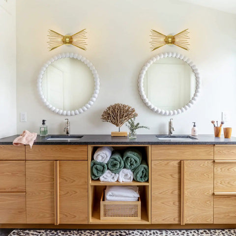Bathroom with Brass Mid Century Sunburst Wall Sconce Two Light Dope Modern Vanity Lamp Wall Mount For Bathroom Makeup Vanity Bedroom Living Room Indoor Lighting Fixture.