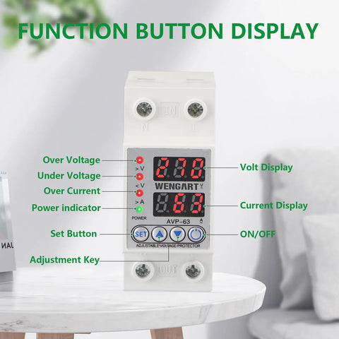 Heavy Duty Adjustable Digital Voltage Protector For AC 120v Single Phase Circuits With Over Under Relay 63a display features