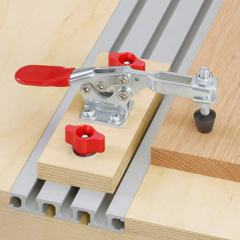 Top Tier Heavy Duty Aluminum T Track Rail 48 Inches Long For Woodworking Jigs And Shop Fixtures Bolt Down Bench Mount With Fire Grip Hex Nuts For Dead Nuts Clamp Hold And Straight Up Precision Assembly with a red clamp and knobs