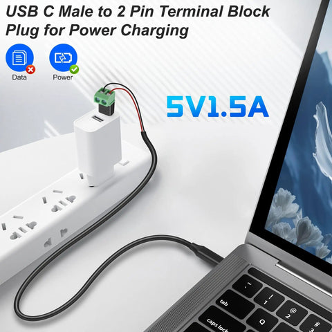 USB Type C Solderless Connector Screw Terminal Adapter USB C Male To 2 Pin Terminal Block 5V Power Output in use with laptop