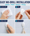 Easy no-drill installation steps for Heavy Duty Adhesive Wall Hooks For Bathroom And Kitchen No Drill Strong Sticky Hangers For Towels Coats Zero Hassle Residue Free 4 Pack.