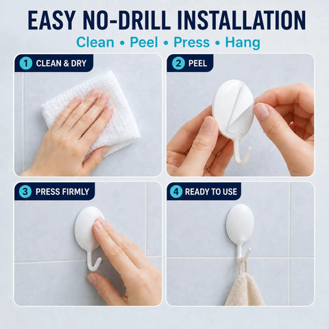 Easy no-drill installation steps for Heavy Duty Adhesive Wall Hooks For Bathroom And Kitchen No Drill Strong Sticky Hangers For Towels Coats Zero Hassle Residue Free 4 Pack.