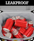 Open Insulated Picnic Backpack With Lunch Box showing red soda cans and ice, spacious, leakproof, 12x8.7x10 inch