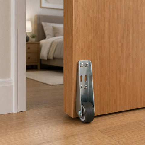 Two Pack Low Profile Rubber Casters Smooth Roll Door Support Wheels Side Mount Furniture Gliders on wooden door.
