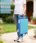 Person carrying blue Folding Garden Stool And Kneeler With Ten Point Two Inch Kneeling Pad Heavy Duty Garden Kneeler And Seat For Easy Gardening Kneeling Bench With Handles Great For Gardeners And Seniors 350lb Capacity Blue No Bending Required.