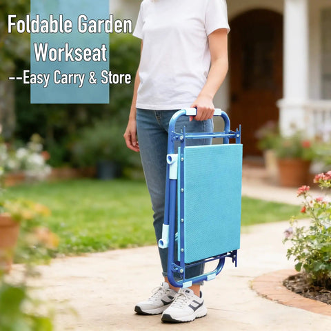 Person carrying blue Folding Garden Stool And Kneeler With Ten Point Two Inch Kneeling Pad Heavy Duty Garden Kneeler And Seat For Easy Gardening Kneeling Bench With Handles Great For Gardeners And Seniors 350lb Capacity Blue No Bending Required.
