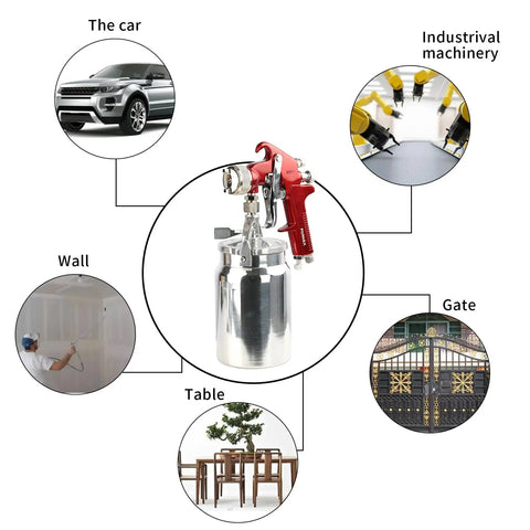 Top Shelf Siphon Feed Spray Gun With Stainless Steel Nozzles And Needles, One Liter Paint Cup, Pulls Six Cubic Feet Per Minute Air Flow, Knockout Finish For Smoother Auto Detailing, Fine Woodwork And Custom Metal Coating, surrounded by applications like cars, walls, and furniture.