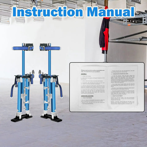 Blue 18 to 30 inch adjustable drywall stilts with instruction manual for safer wall work
