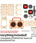 Build Your Own Bluetooth Speaker Kit For Kids And Teens No Soldering Required Easy Cool Hands On Wooden Electronics Building Set With LED Lights A Fun STEM Gift For Ages 8 12, showcasing all components laid out including wooden pieces and speaker parts.
