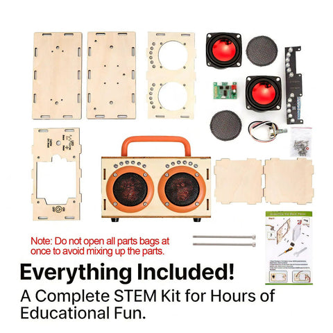 Build Your Own Bluetooth Speaker Kit For Kids And Teens No Soldering Required Easy Cool Hands On Wooden Electronics Building Set With LED Lights A Fun STEM Gift For Ages 8 12, showcasing all components laid out including wooden pieces and speaker parts.