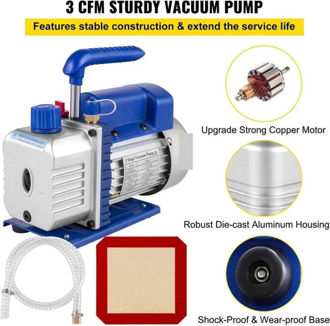 Professional 1.5 Gallon Vacuum Degassing Chamber With Heavy Duty Copper Pump For Bubble Free Resin Casting And Silicone Molding Solid Aluminum Tank Boss Level Easy As Pie Operation showing sturdy 3 CFM vacuum pump with copper motor and aluminum housing.