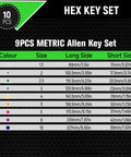 Chart of Long Arm Ball End Hex Key Set 9pc Metric Allen Wrenches 1.5mm to 10mm, shows size and color coding for each wrench.