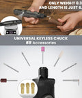 Mini Cordless Rotary Tool Kit All In One With 5 Speeds And 69 Accessories 4V Power shown with keyless chuck and accessories.