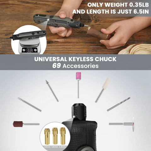 Mini Cordless Rotary Tool Kit All In One With 5 Speeds And 69 Accessories 4V Power shown with keyless chuck and accessories.