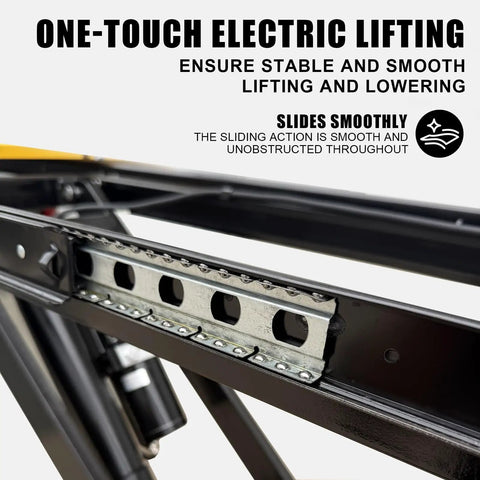Close-up view of the smooth sliding mechanism of the Heavy Duty Industrial Electric Scissor Lift Table With Easy Roll Casters.