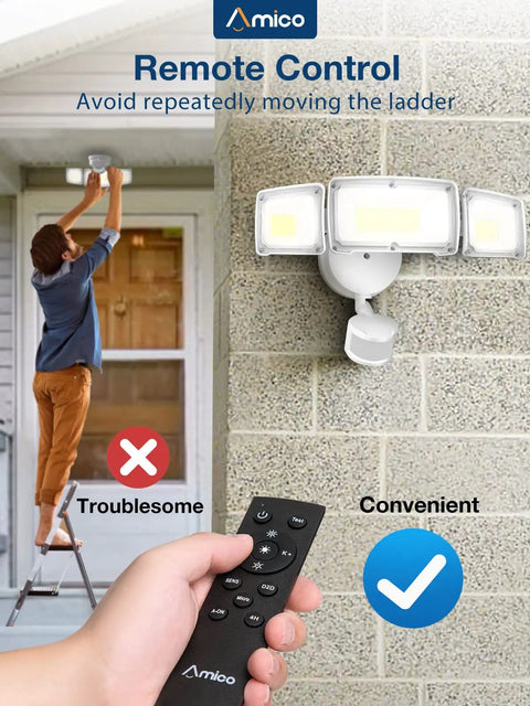 Person using remote for 40W Remote LED Security Light With Motion Sensor, 4000 Lumens, Color Temp From 2700K To 6500K Adjustable
