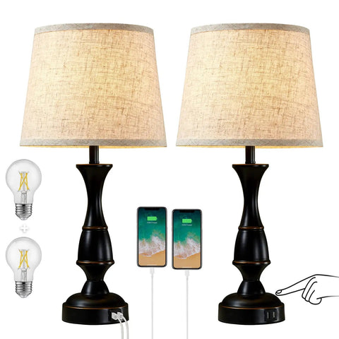 Table Lamps Set Of 2 With Touch Control And USB Ports, black finish, includes bulbs, shown with mobile charging and dimming feature.