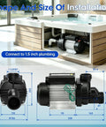 Heavy Duty 1.0 HP Spa Pump With Kickin Jet Pressure And Smooth High Flow Operation For Hot Tubs Whirlpool Baths 110V 60Hz dimensions and plumbing connections.