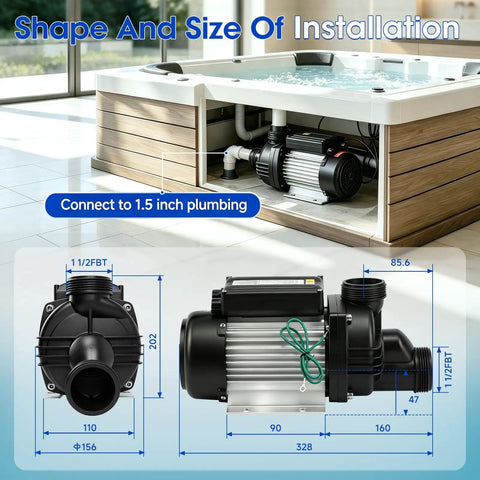 Heavy Duty 1.0 HP Spa Pump With Kickin Jet Pressure And Smooth High Flow Operation For Hot Tubs Whirlpool Baths 110V 60Hz dimensions and plumbing connections.
