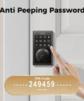 Smart Keyless Entry Door Lock With WiFi Keypad Front Door Deadbolt That Plays Nice With Alexa And Google Assistant shown with a hand entering code.