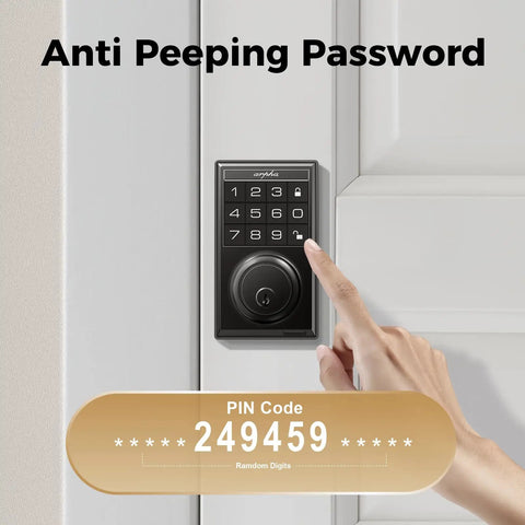Smart Keyless Entry Door Lock With WiFi Keypad Front Door Deadbolt That Plays Nice With Alexa And Google Assistant shown with a hand entering code.