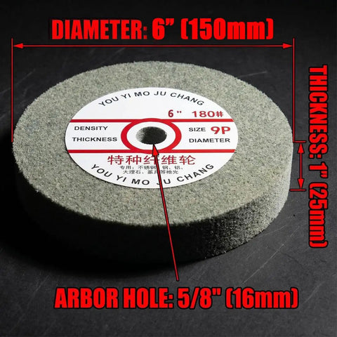Durable Nylon Fiber Buffing Wheel Set 6 Inch By 1 Inch With Five Eighth Inch Arbor For Bench Grinder Or Drill Aluminum Buffing Wheels 180 Grit Polishing Discs 9 Pack. 6-inch wheel with 5/8-inch arbor and 25mm thickness.