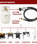 Image showing Six Foot Propane Hose With Regulator For Grills And Fire Pits, Go-To Three Eighths Inch Female Flare, connected to propane tank.