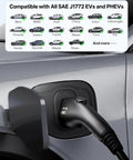 Badass Level Two EV Charger With Forty Amp J1772 Connector Slick WiFi App Control Runs Smooth For Fast Electric Vehicle Home Charging Plus Extra Long Twenty Five Foot Charging Cable connecting to a car charging port.