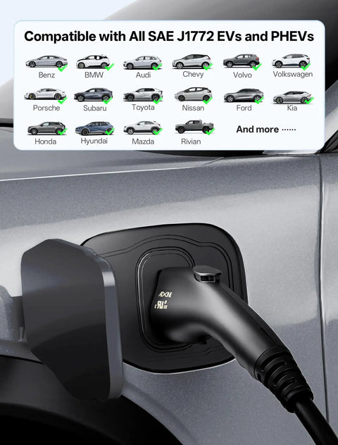 Badass Level Two EV Charger With Forty Amp J1772 Connector Slick WiFi App Control Runs Smooth For Fast Electric Vehicle Home Charging Plus Extra Long Twenty Five Foot Charging Cable connecting to a car charging port.