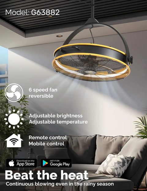 Outdoor Ceiling Fan 24.8 Inch 6 Speed Mounted Garage Fan With Remote And App 360 Degree Vertical Rotation Top Notch Outdoor Cooling for gazebo, showcasing fan installed in covered patio.