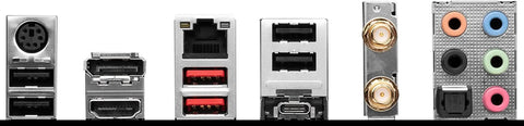Rear ports of ProSeries Intel LGA1700 ATX Motherboard With DDR4, PCIe 4.0, LAN, USB 3.2 Gen2, WiFi 6E, HDMI/DP, and audio jacks.