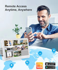 Smiling man using smartphone with 4K 8 Channel POE NVR With 12 Inch Screen And Local HDMI Output For 8MP And 4K IP Cameras setup.