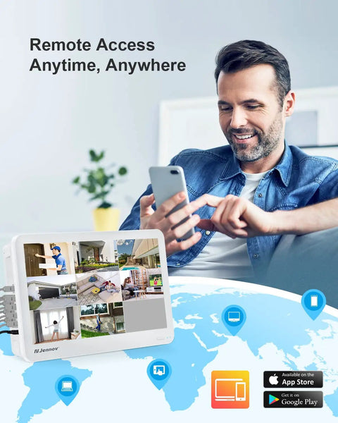 Smiling man using smartphone with 4K 8 Channel POE NVR With 12 Inch Screen And Local HDMI Output For 8MP And 4K IP Cameras setup.