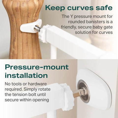 Pressure-mounted installation of 57-Inch Extra Wide Baby Gate for Stairs and Doorways with secure fits on banisters and walls.