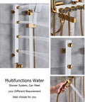 UMJIGF Luxury Shower System with Hot and Cold Water Shower Combo Set Multifunction 4 Handle Shower Faucet Set showcasing sleek gold accents and water flow.