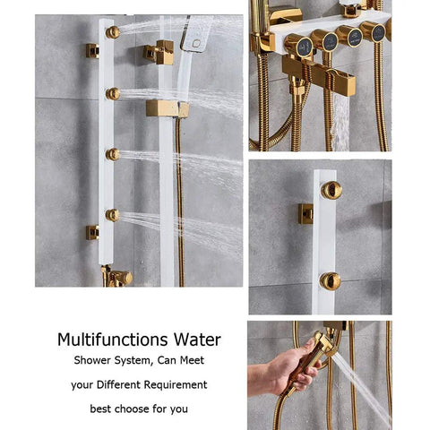 UMJIGF Luxury Shower System with Hot and Cold Water Shower Combo Set Multifunction 4 Handle Shower Faucet Set showcasing sleek gold accents and water flow.