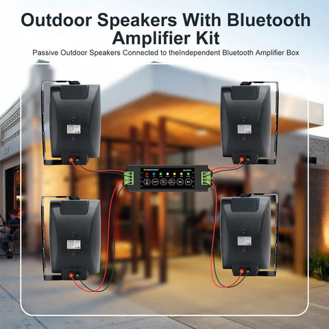 Outdoor Bluetooth speakers 6.5 inch 800W waterproof wired system with multifunctional amplifier wall mount for patio garden poolside home four speakers black shown with amplifier kit