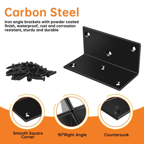 Eight Pack Tough As Nails L Brackets 2X2X4 Inch Heavy Duty Steel Corner Connectors with ready to use screws and black finish.